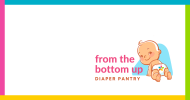 A baby in a diaper crawling away but looking back at the viewer. This is the logo for "from the bottom up diaper pantry."
