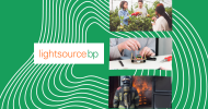 Lightsource bp logo with photos of students growing plants, a students hands assembling electronics, and a firefighter on the scene of a fire
