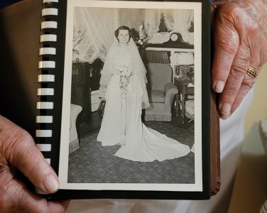 A photo of Barbara on her wedding day in the dress she made herself