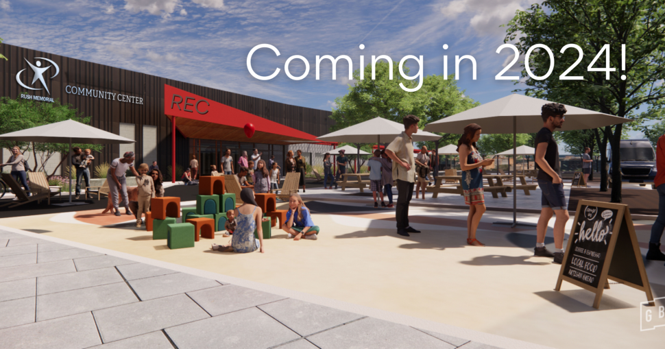 Exterior view of the forthcoming REC Center with kids playing, people talking and lined up at a food truck. The words "Coming in 2024!" are laid over the image.